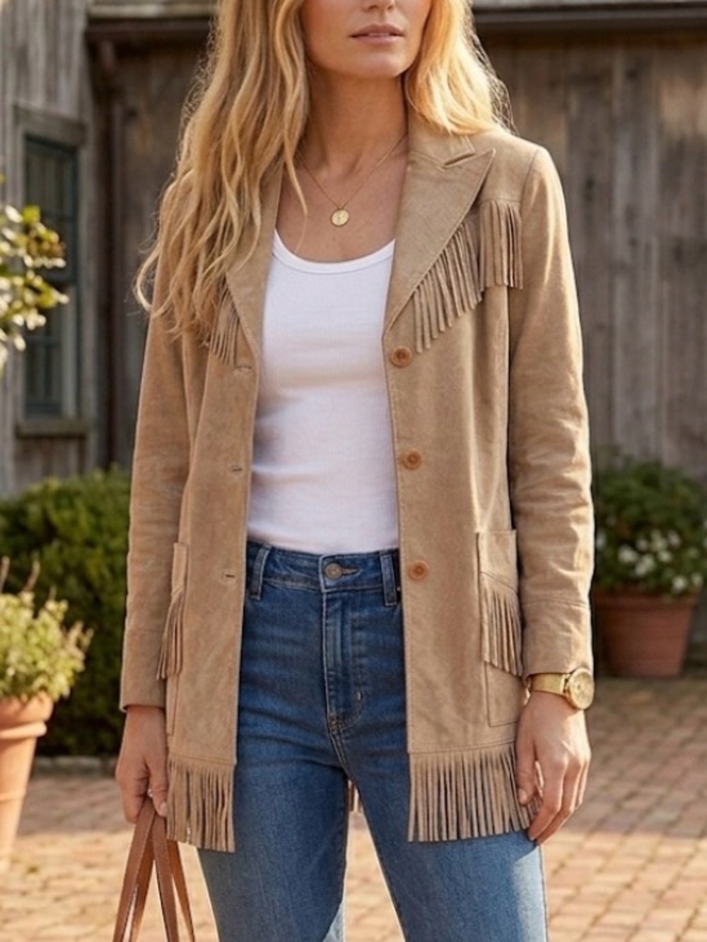 Fringe Real Suede Jacket Medium Tan Western Boho Fringe concerts coastal cowgirl